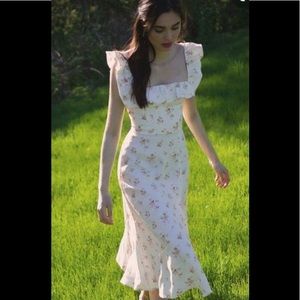 Reformation Cream Floral Ruffle Midi Dress